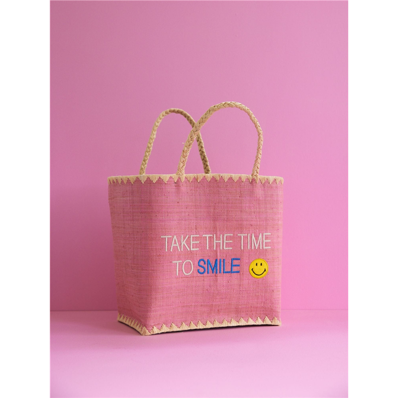RAFFIA BAG PINK WITH "TAKE THE TIME TO SMILE"