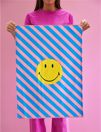 COTTON TEA TOWEL WITH STRIPED SMILEY