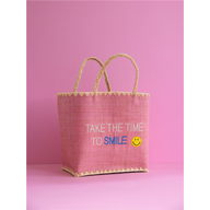 RAFFIA BAG PINK WITH "TAKE THE TIME TO SMILE"