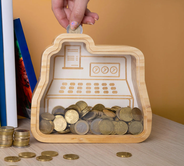 SALVADANAIO IN LEGNO REGISTRATORE DI CASSA