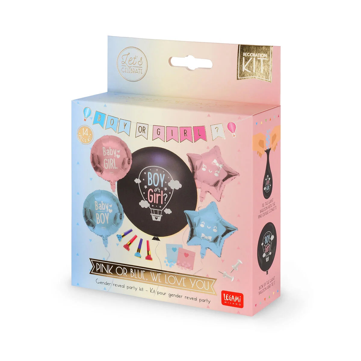 kit festa di gender reveal - pink or blue, we love you