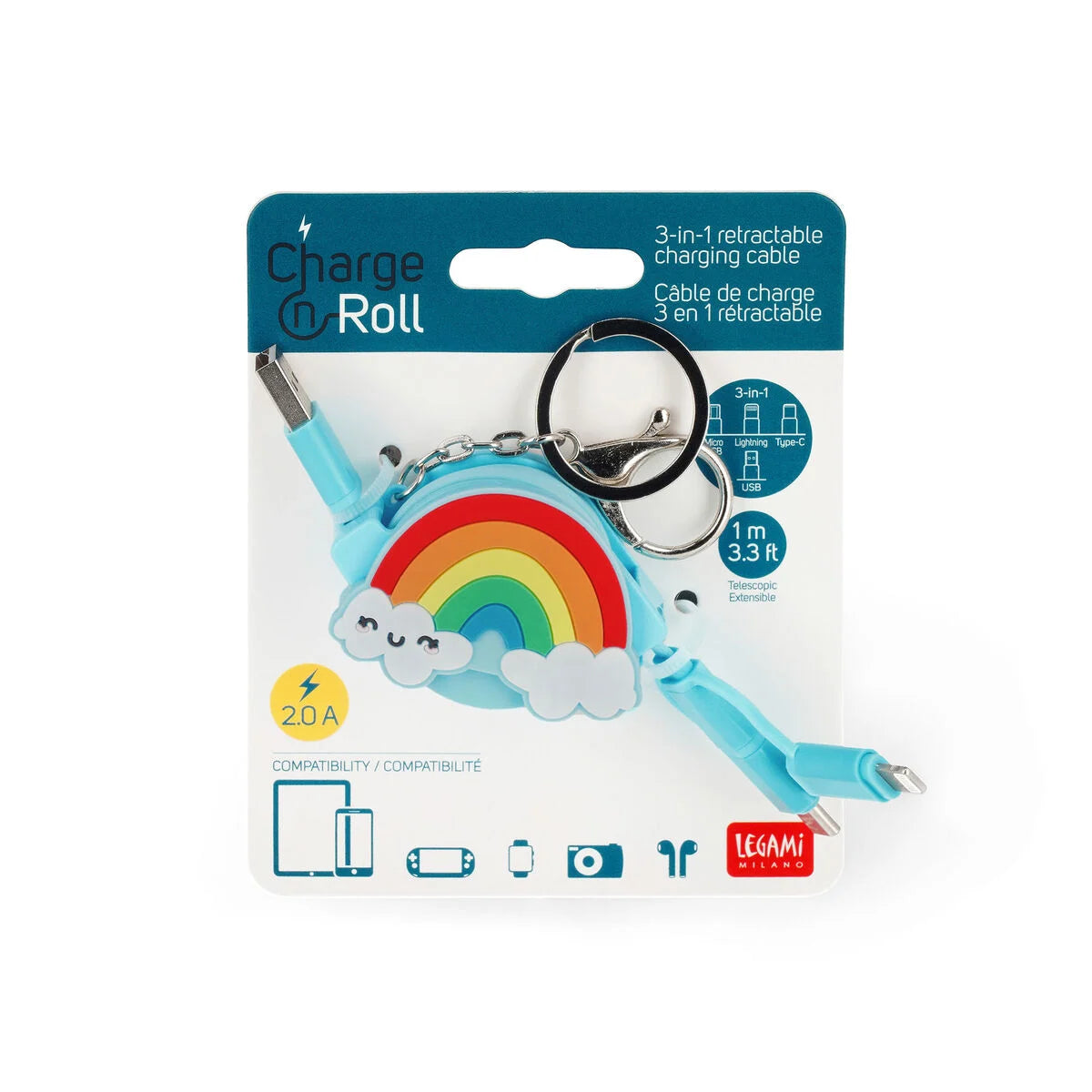 cavo di ricarica 3 in 1 retraibile - charge 'n roll rainbow