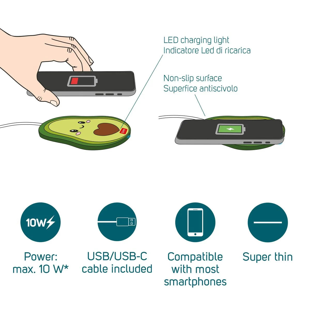 caricabatterie wireless per smartphone - super fast avocado