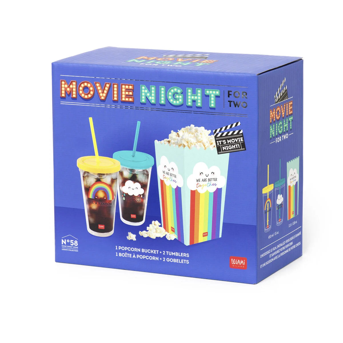 SET CONTENITORE PER POPCORN E 2 BICCHIERI - MOVIE NIGHT FOR TWO