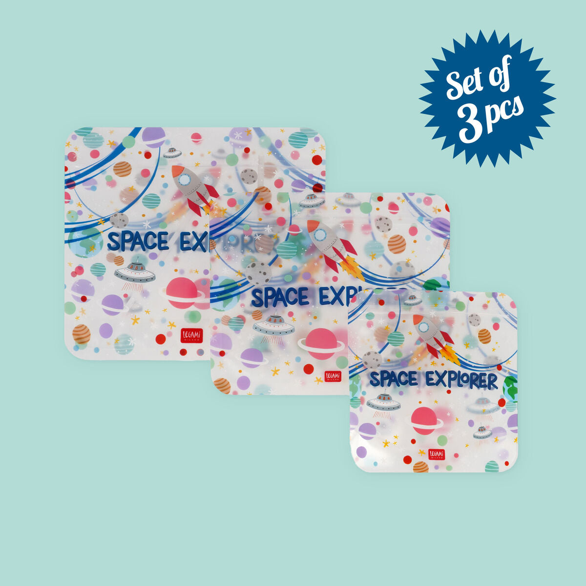 set di 3 buste riutilizzabili porta snack - snack bags space