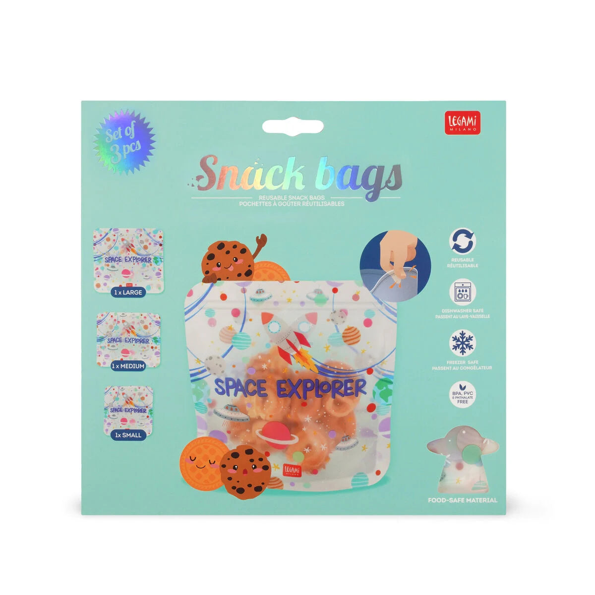 set di 3 buste riutilizzabili porta snack - snack bags space