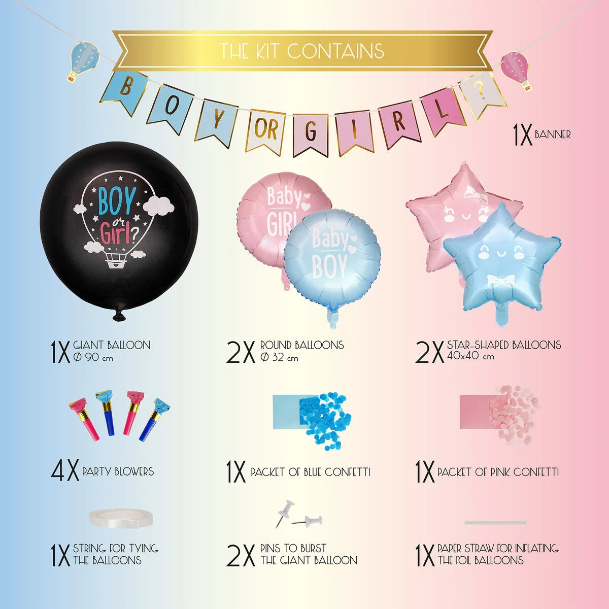 kit festa di gender reveal - pink or blue, we love you