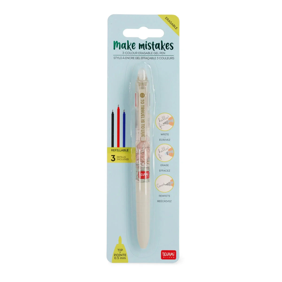 PENNA GEL CANCELLABILE 3 COLORI - MAKE MISTAKE TRAVEL