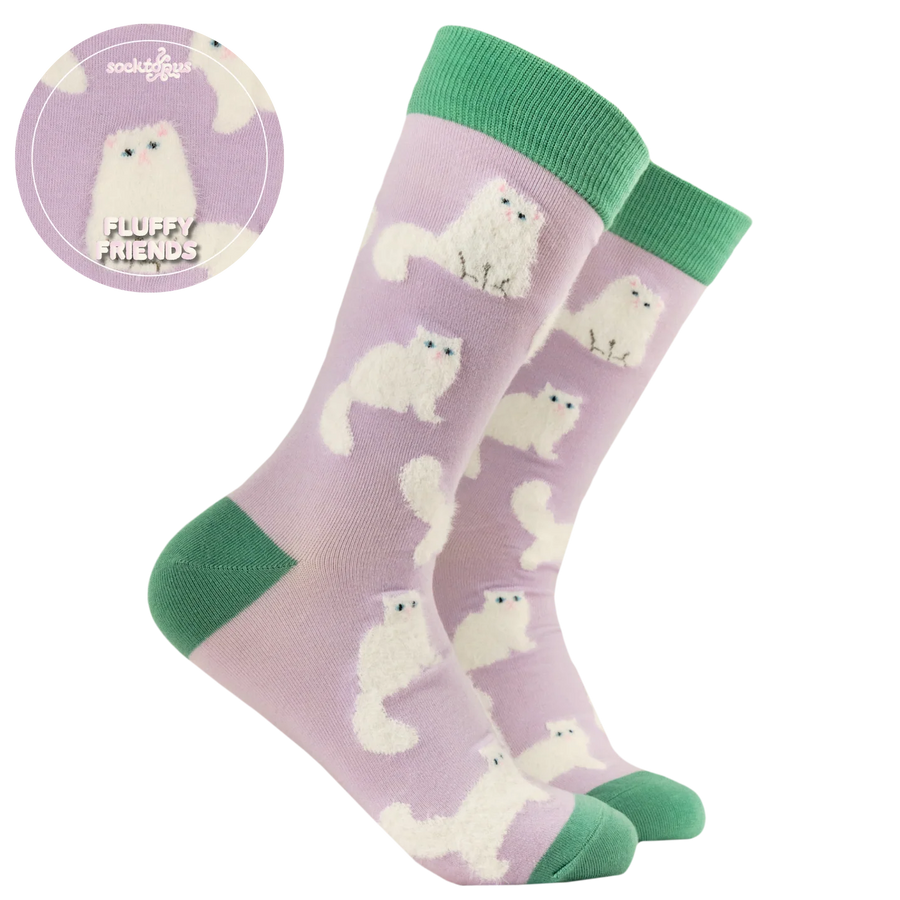 Fluffy White Cats Socks Lilac – Calzini Gatti Bianchi Morbidi e Fluffy