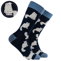 Fluffy White Cats Socks Navy – Calzini Gatti Bianchi Morbidi e Fluffy