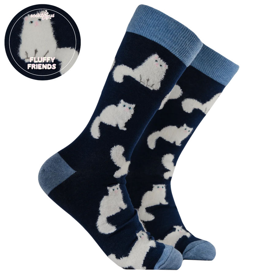 Fluffy White Cats Socks Navy – Calzini Gatti Bianchi Morbidi e Fluffy