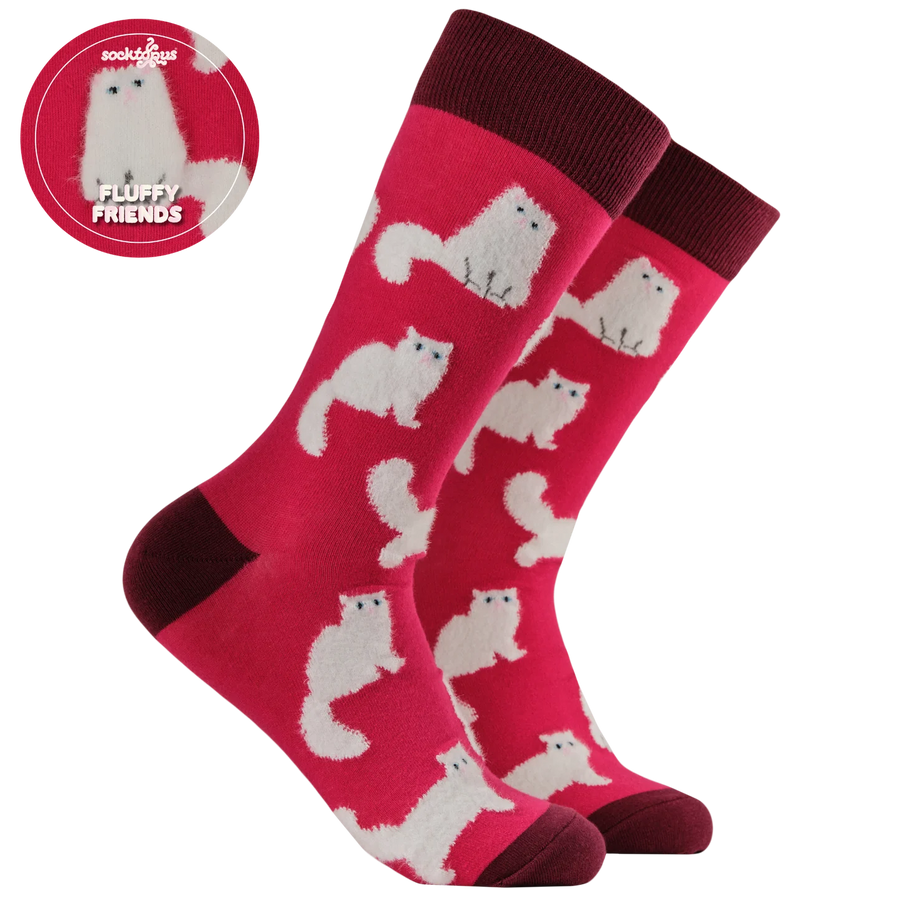 Fluffy White Cats Socks Pink – Calzini Gatti Bianchi Morbidi e Fluffy