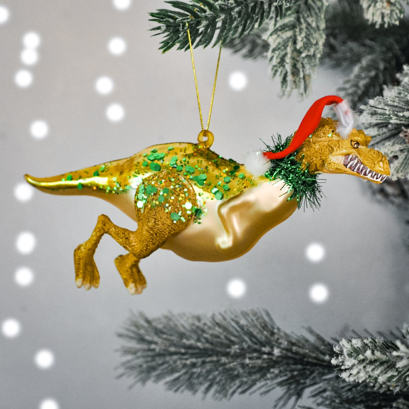 GLITTER SANTASAURUS SHAPED BAUBLE