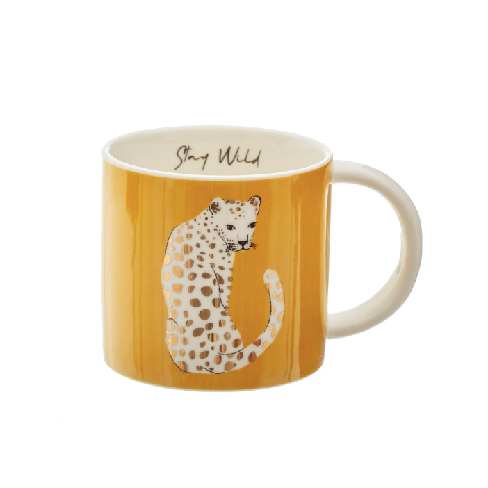 Elegante e raffinata tazza, stile wild, raggigurante un leopardo, con rifiniture color oro.  Dimensioni: L8 x W8 x H9.5 cm