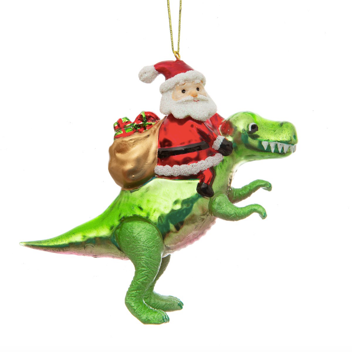 SANTA RIDING A DINOSAUR SHAPED BAUBLE